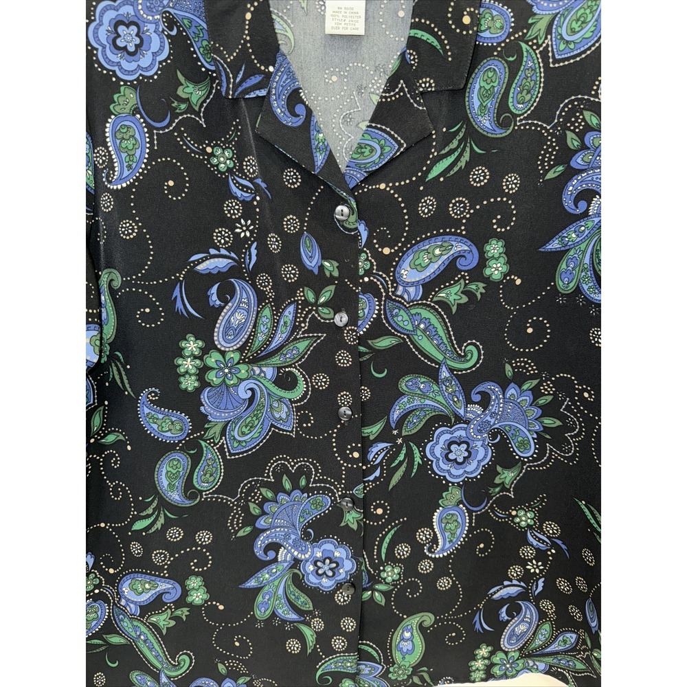 Bon Worth BlouseWomen's Size XSM Petite Black/Blue Floral Short Sleeve Button Up - Picture 2 of 4